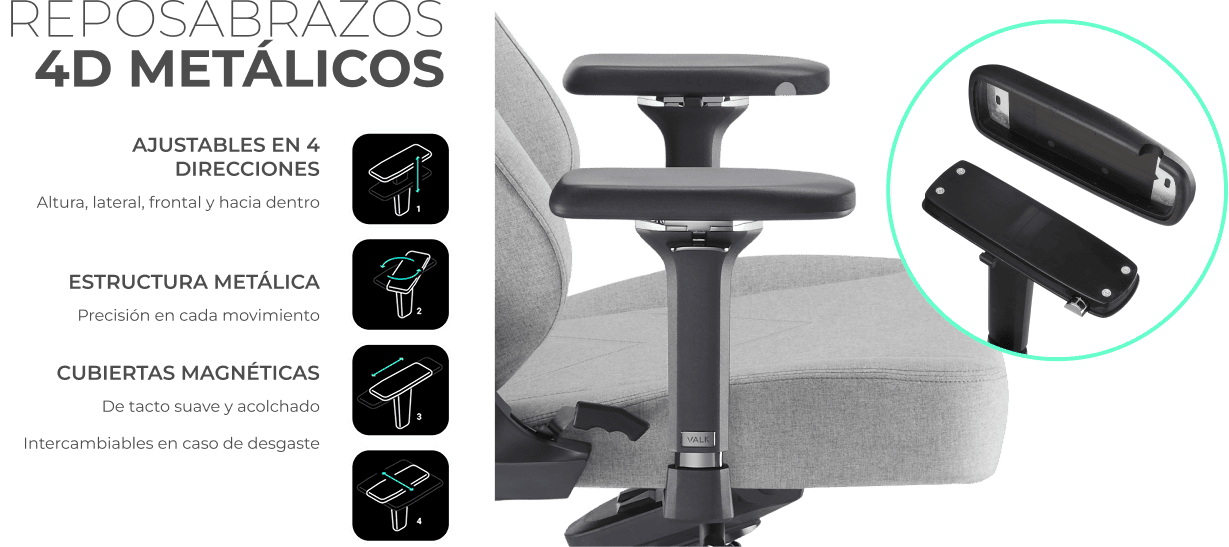 Reposabrazos 4D met&aacute;licos ajustables en altura, lateral y frontal